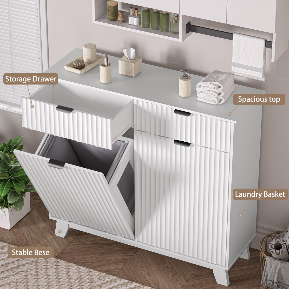 White 20 Gallon Double Tilt Out Laundry Hamper Cabinet with 2 Drawers T3871