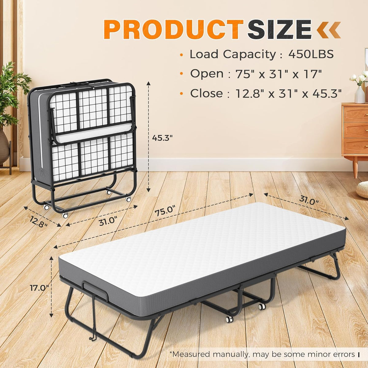Foldable Single Bed with 5" Memory Foam Mattress and Wheels U284730