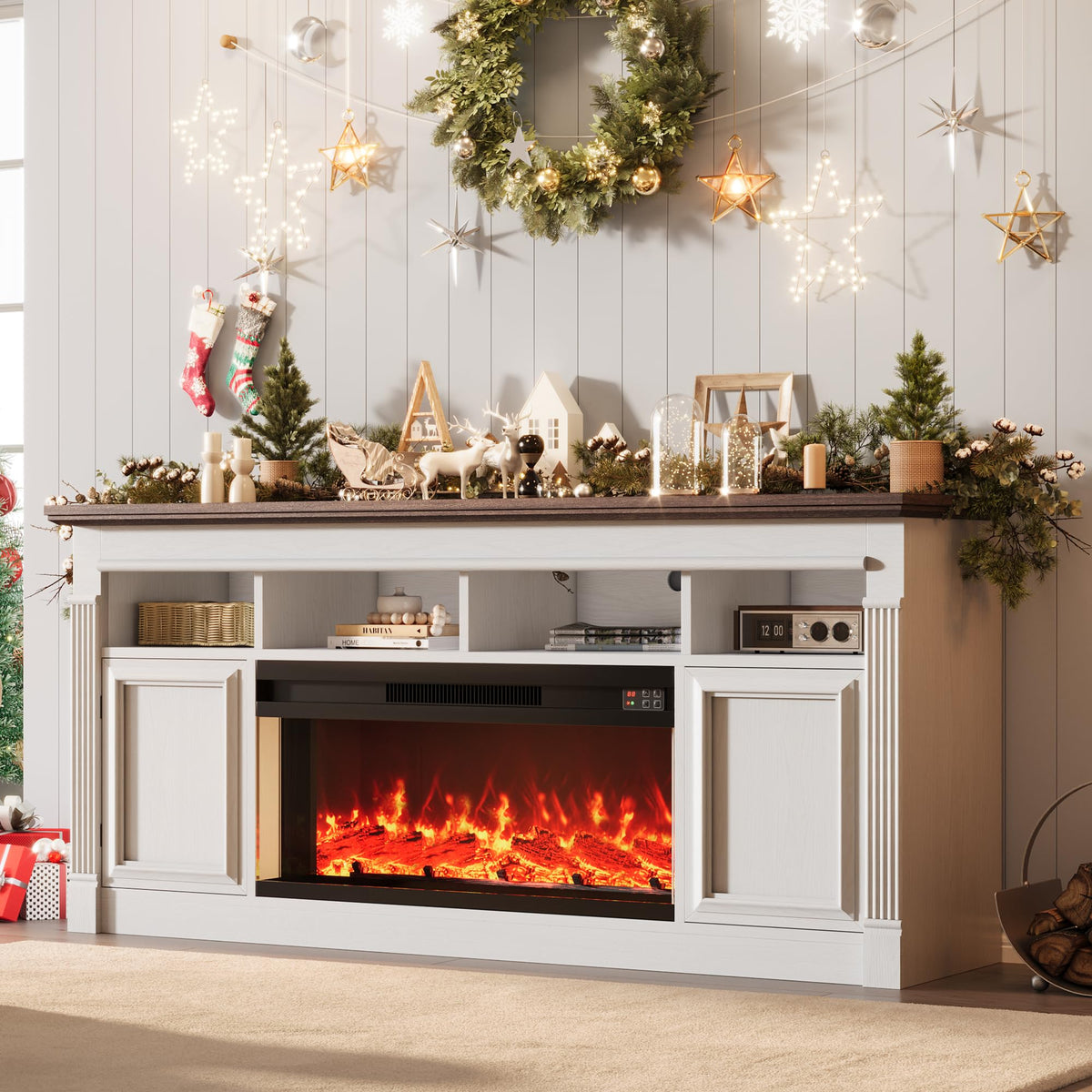66 Inch White & Brown Two-Tone Fireplace TV Stand Q1289