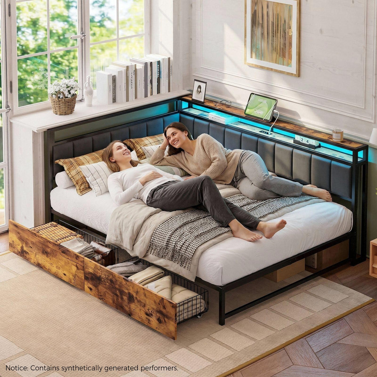 Full Corner Bed Frame with Storage Drawers, LED, Charging, Black B338757