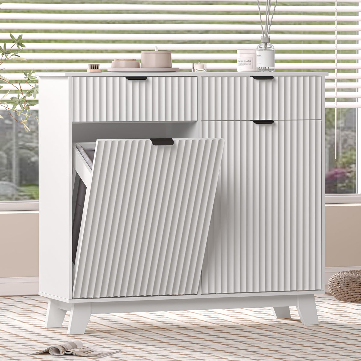 White 20 Gallon Double Tilt Out Laundry Hamper Cabinet with 2 Drawers T3871