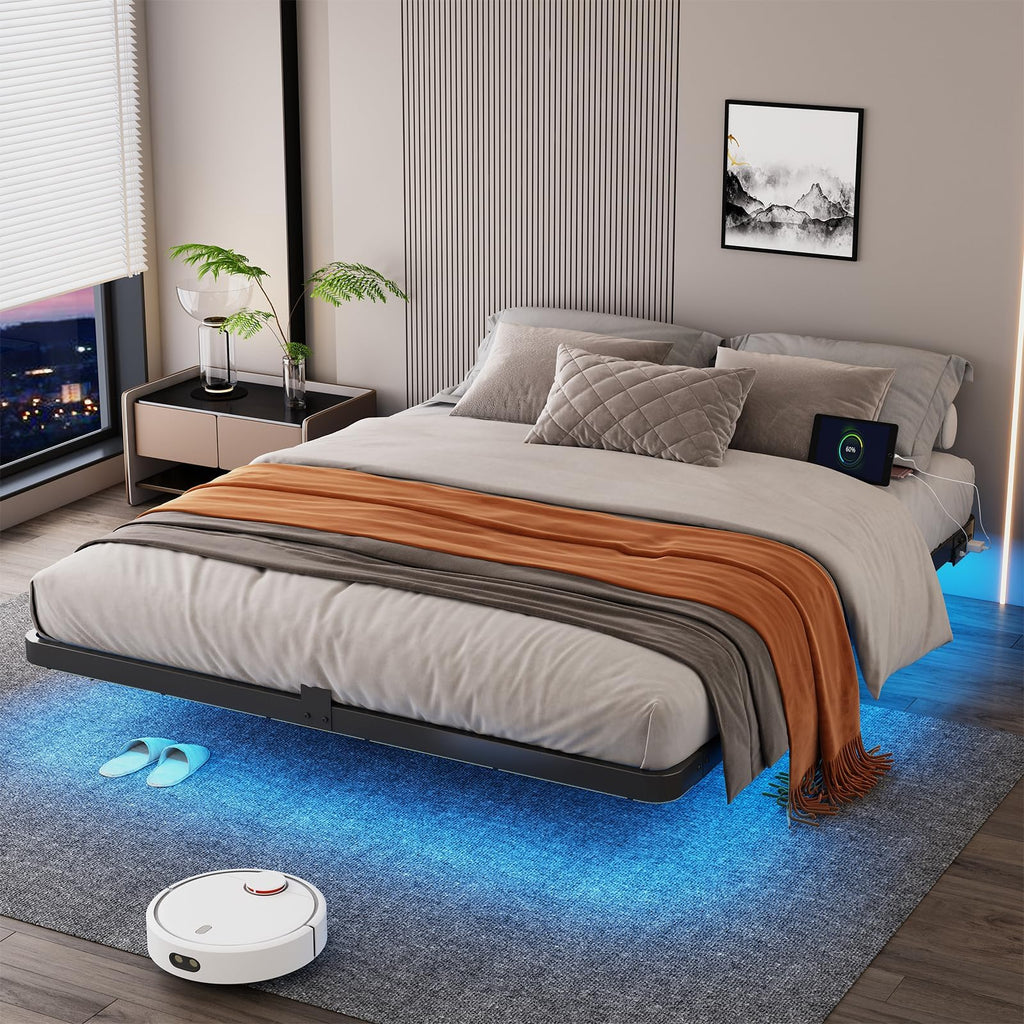 Full Size Floating Platform Bed Frame with LED Lights & Charging Station U3730