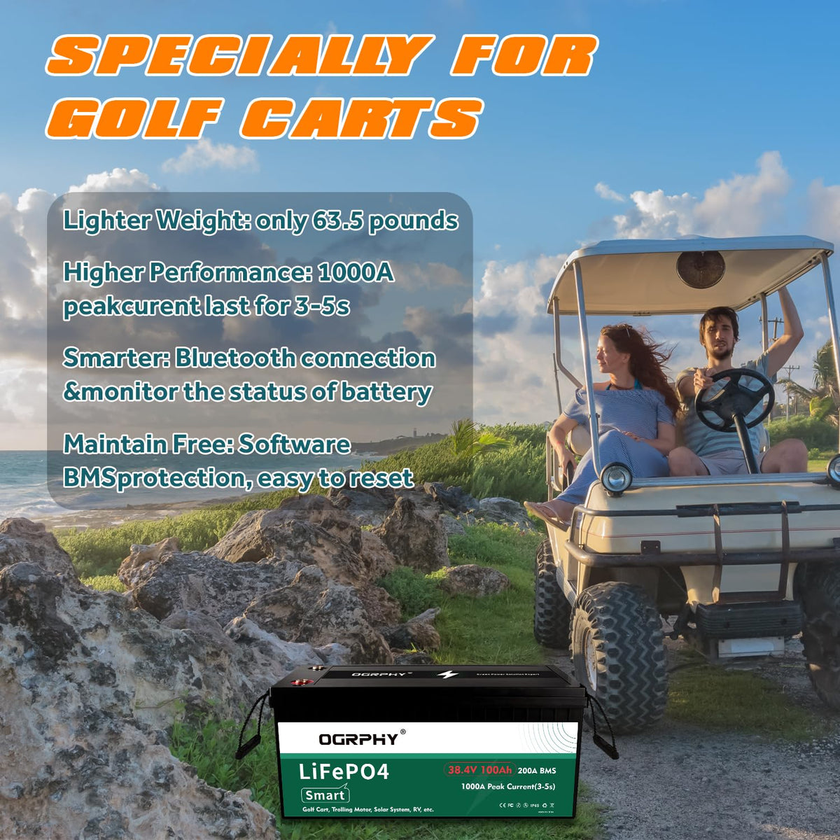 36V 100AH Lithium Golf Cart Battery with 200A Bluetooth BMS V377