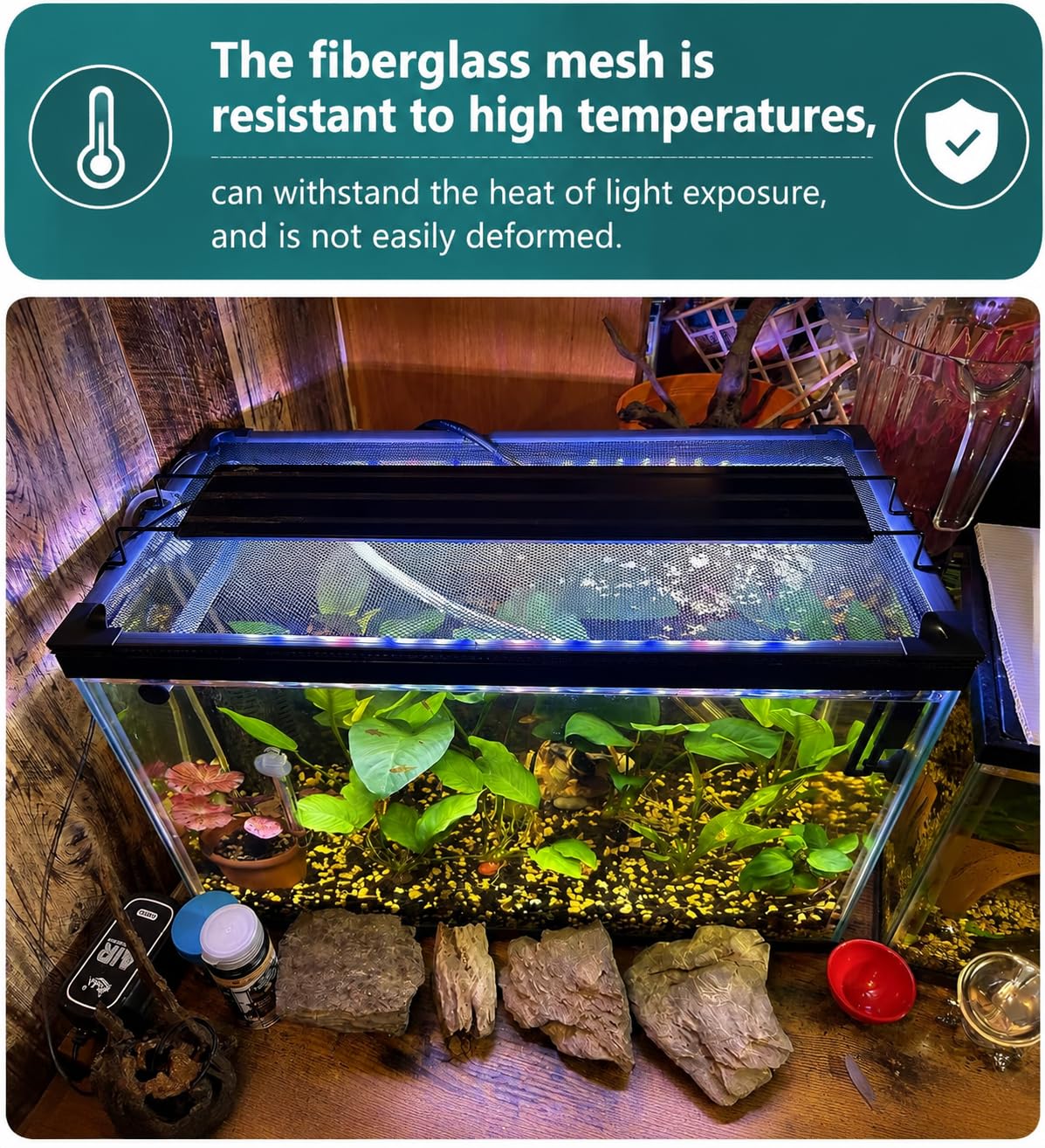 Magnetic Fish Tank Cover with Feeding Window Dark Grey Frame Grey Fiberglass Net L620