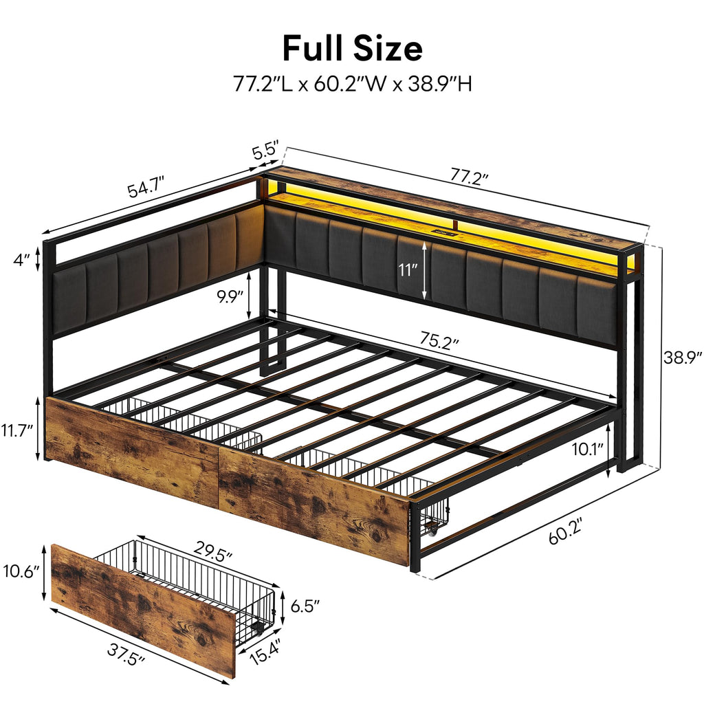 Full Corner Bed Frame with Storage Drawers, LED, Charging, Black B338757