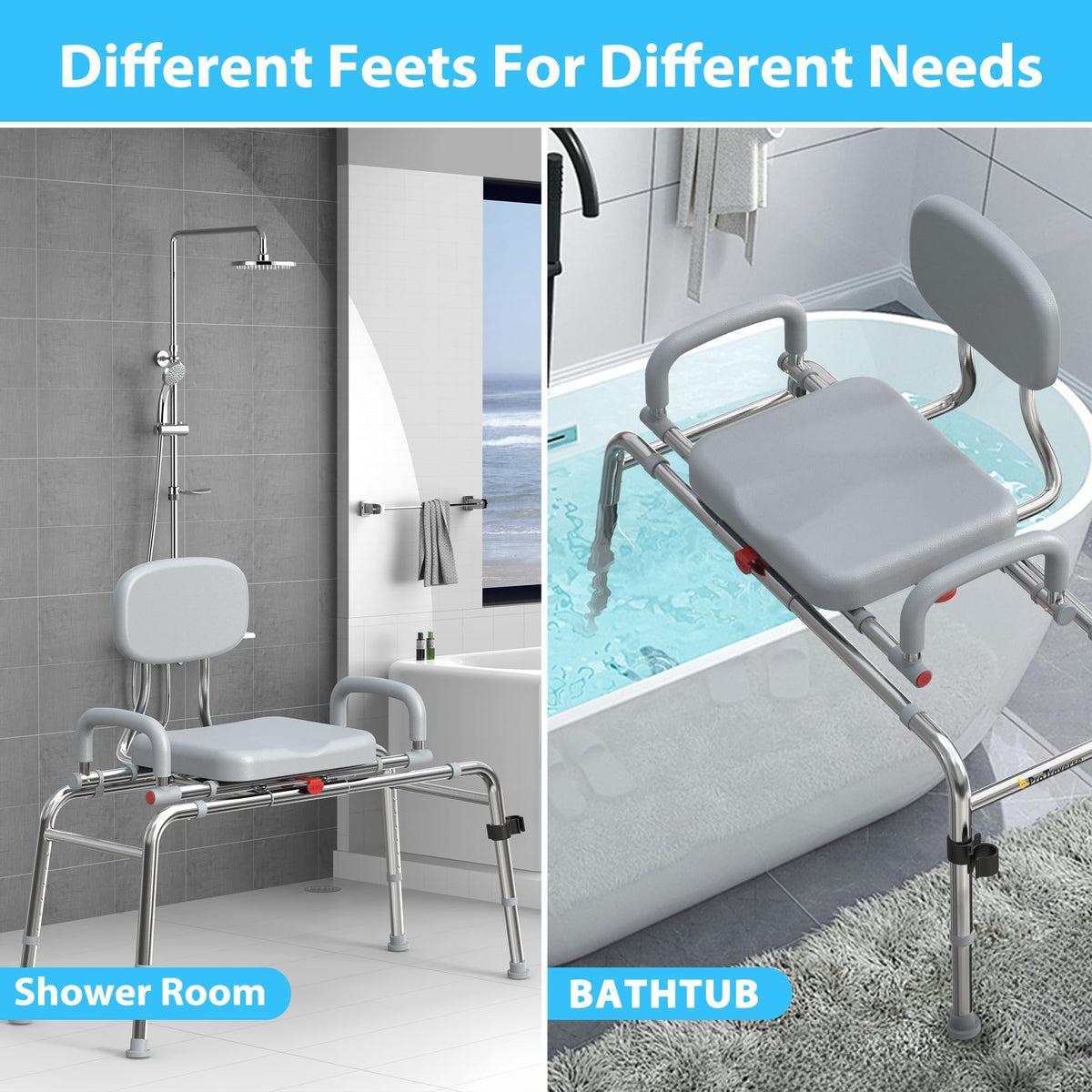 Sliding Shower Chair Tub Transfer Bench with Swivel Seat, 450lbs, Adjustable Height, Gray B6175