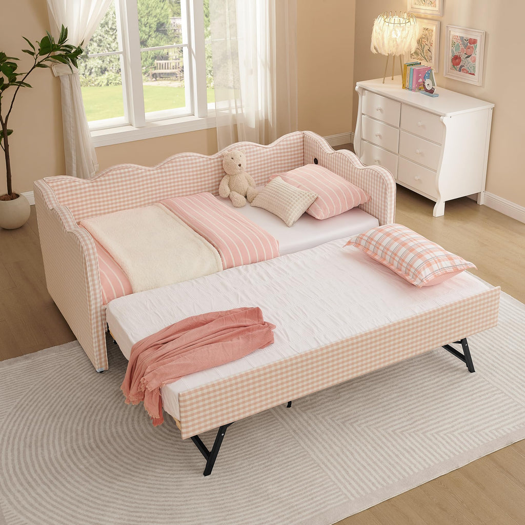 Pink Twin Size Gingham Daybed with Trundle Q715