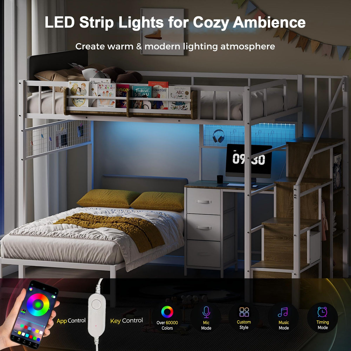 Full Over Twin L-Shaped Metal Loft Bunk Bed with Desk, Stairs, Drawers, Shelves, Charging Station and LED Light C8529