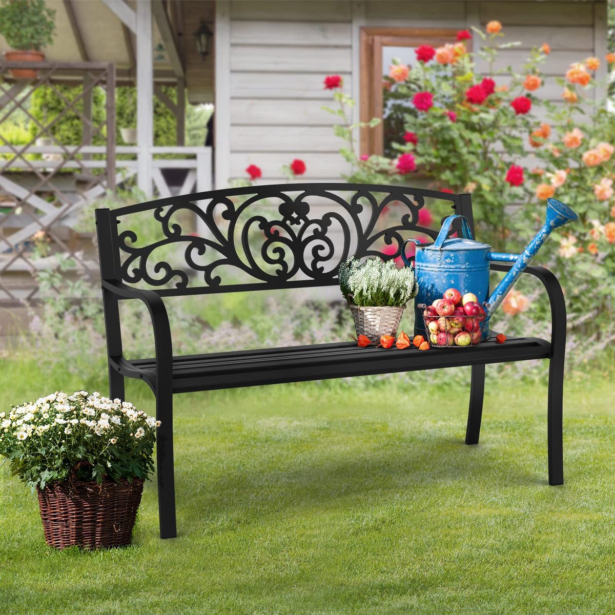 Black Metal Outdoor Bench with PVC Back Pattern N71869