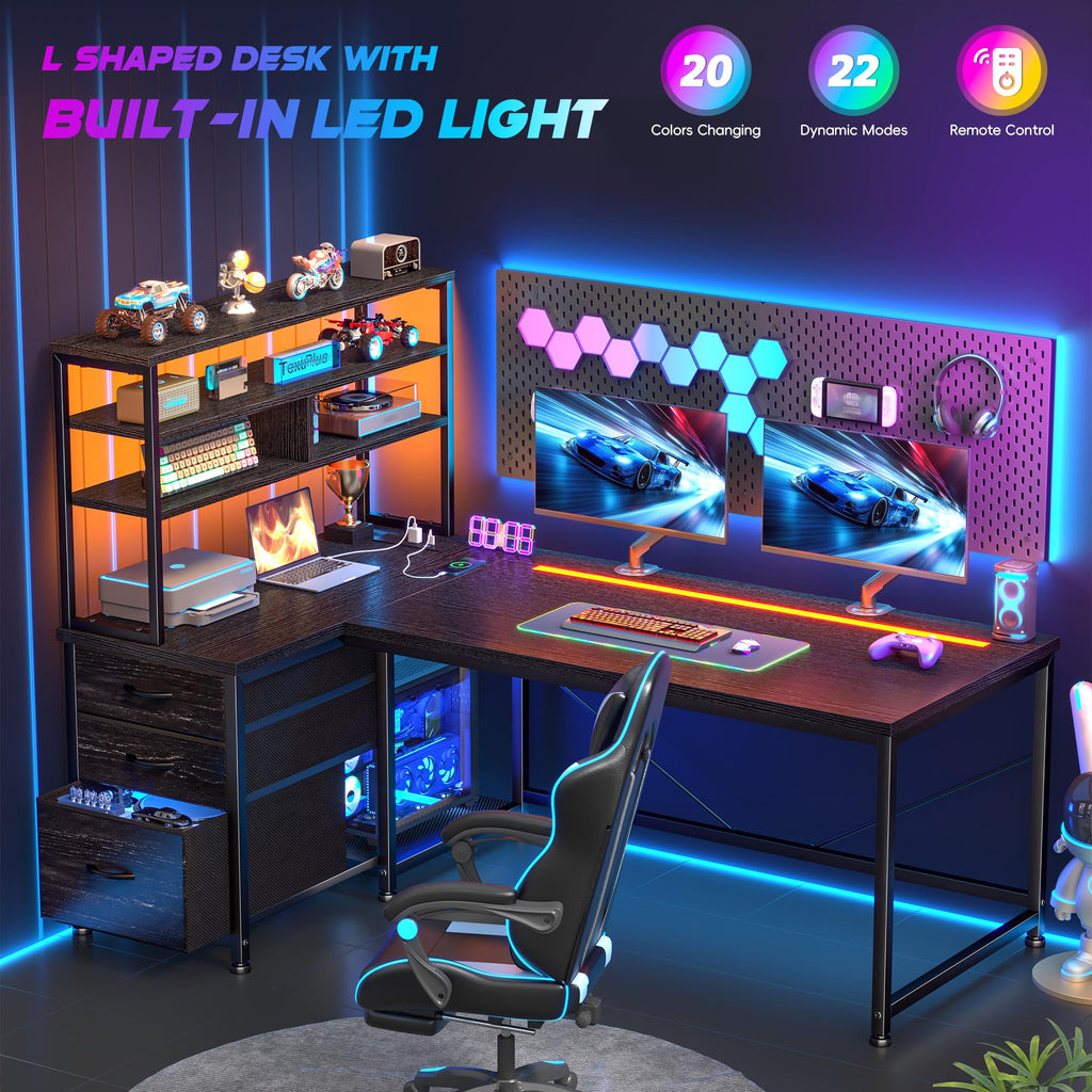 55" L Shaped Gaming Desk with 3 Fabric Drawers & Shelves J68569