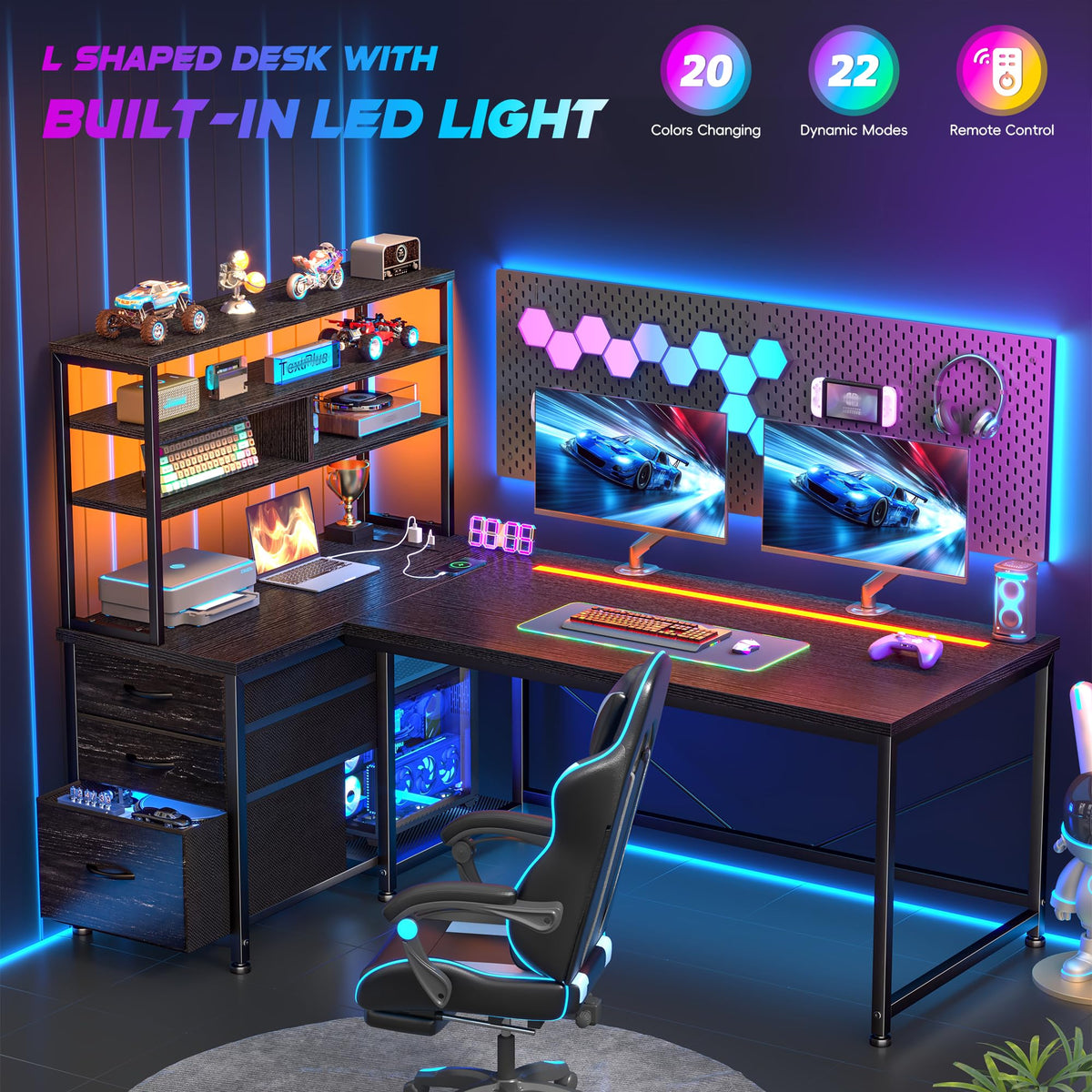 55" L Shaped Gaming Desk with 3 Fabric Drawers & Shelves J68569