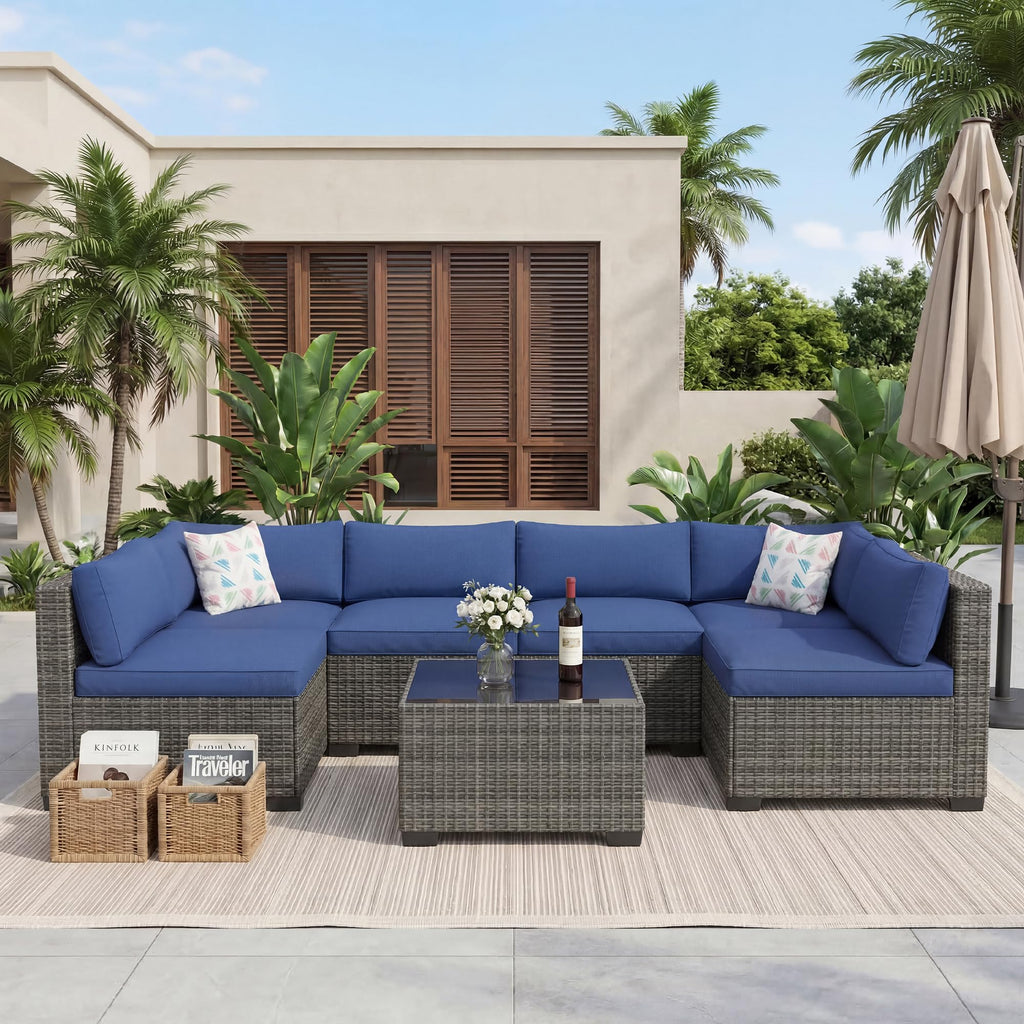7-Piece Outdoor Rattan Sectional Sofa Set with Coffee Table L808816