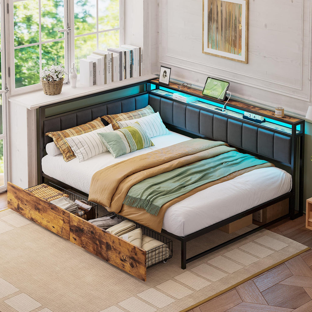 Full Corner Bed Frame with Storage Drawers, LED, Charging, Black B338757
