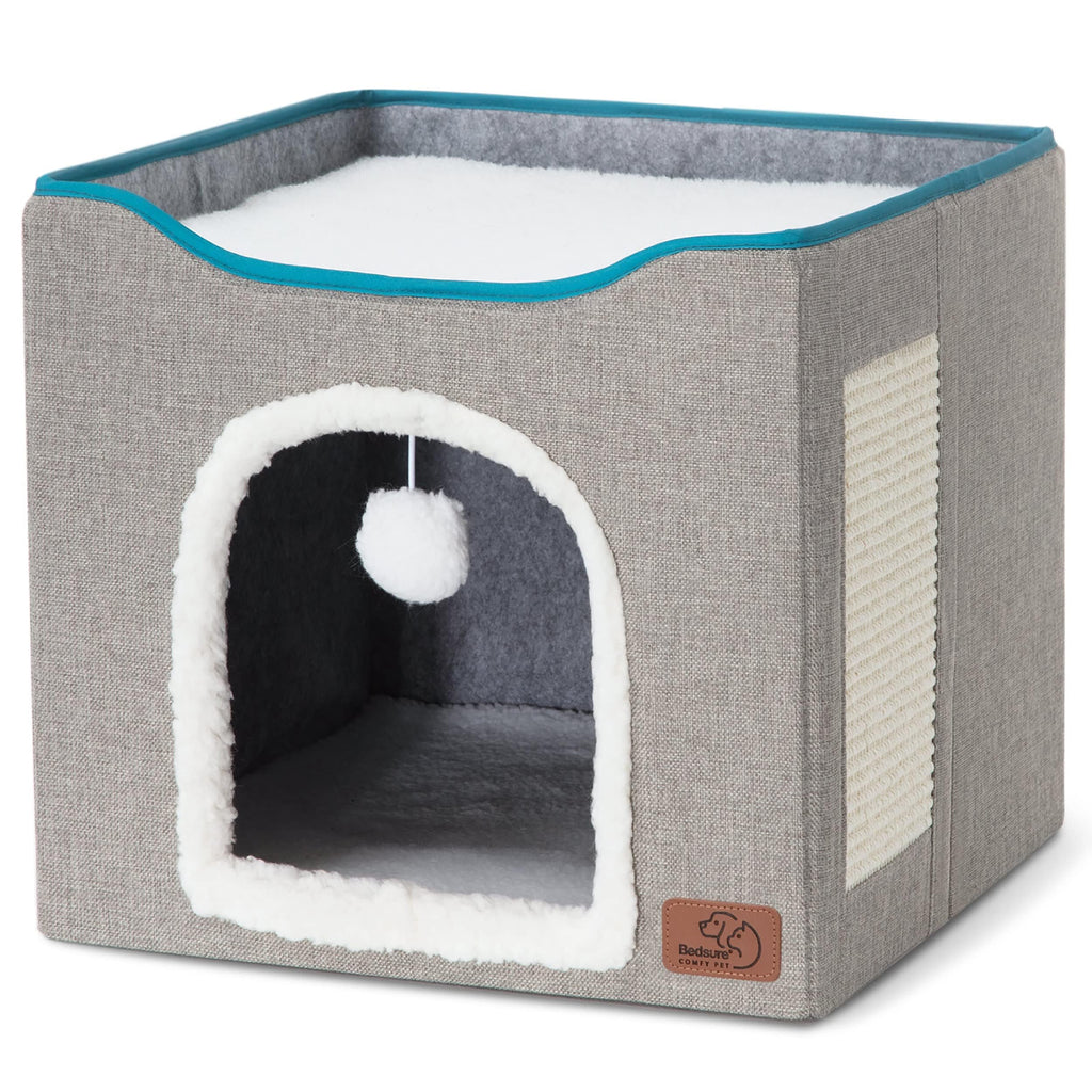 Grey Cat House Bed with Fluffy Ball and Scratch Pad J93185