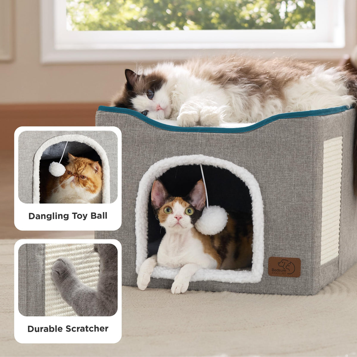 Grey Cat House Bed with Fluffy Ball and Scratch Pad J93185