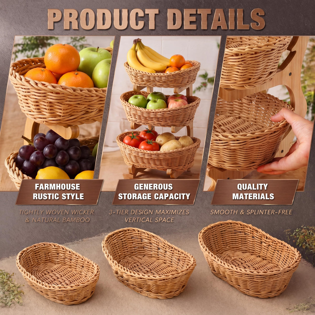 3 Tier Woven Fruit Basket Stand M79422