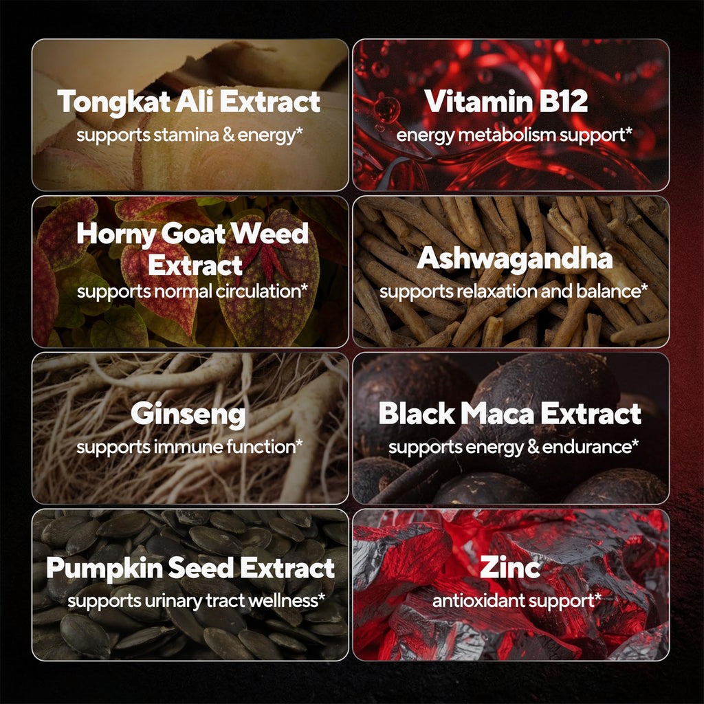90 Vegan Caps Men Supplements with Tongkat Ali, Black Maca Root, Zinc, Vitamin B12 Z40727