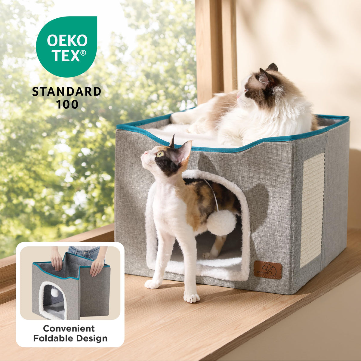 Grey Cat House Bed with Fluffy Ball and Scratch Pad J93185