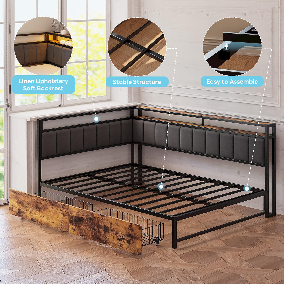 Full Corner Bed Frame with Storage Drawers, LED, Charging, Black B338757