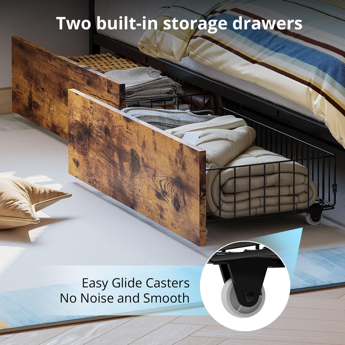 Full Corner Bed Frame with Storage Drawers, LED, Charging, Black B338757