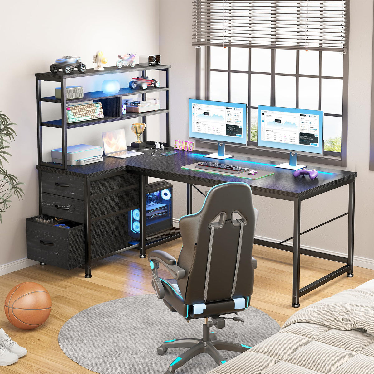 55" L Shaped Gaming Desk with 3 Fabric Drawers & Shelves J68569